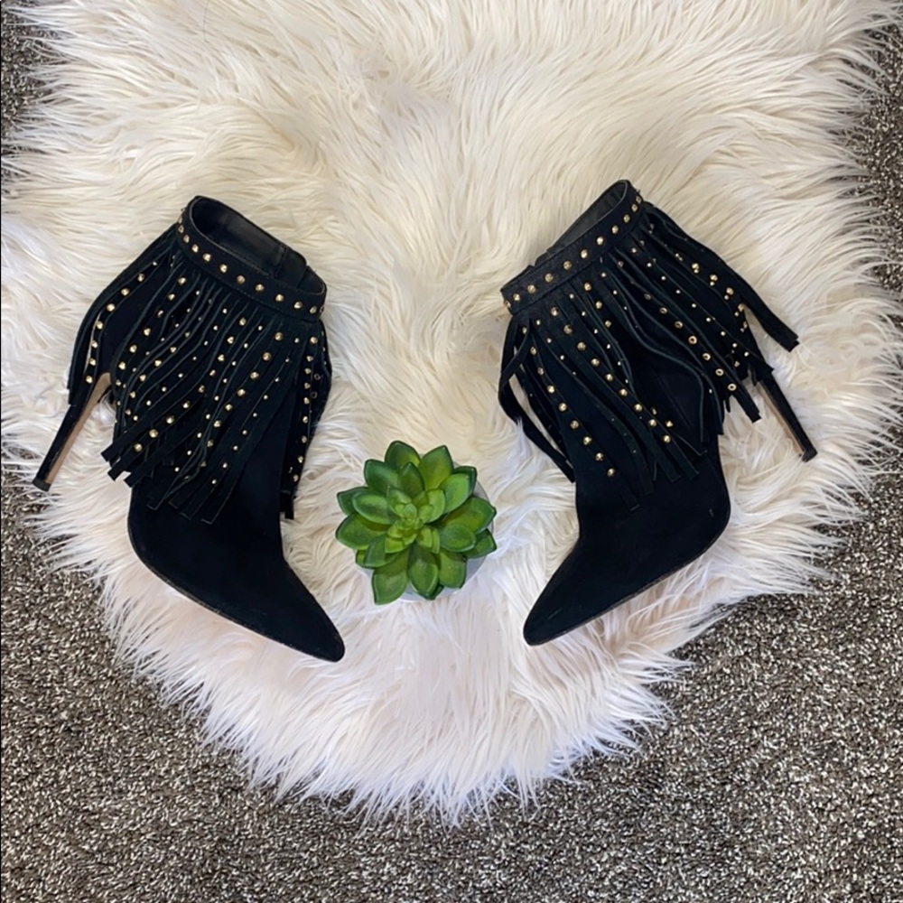 Express black suede heeled tassel booties